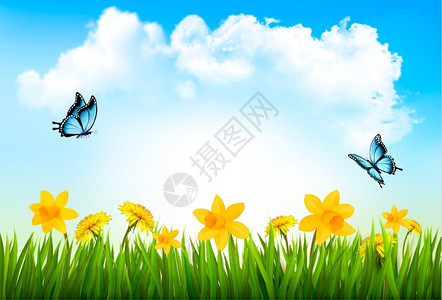 大自然背景绿草鲜花蝴蝶矢量背景图片