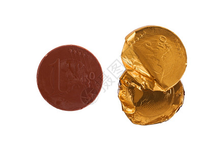 欧元货币巧克力硬白纸孤立的巧克力硬币图片