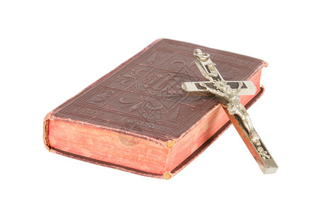 白色背景的旧古老董圣经和与世隔绝背景图片