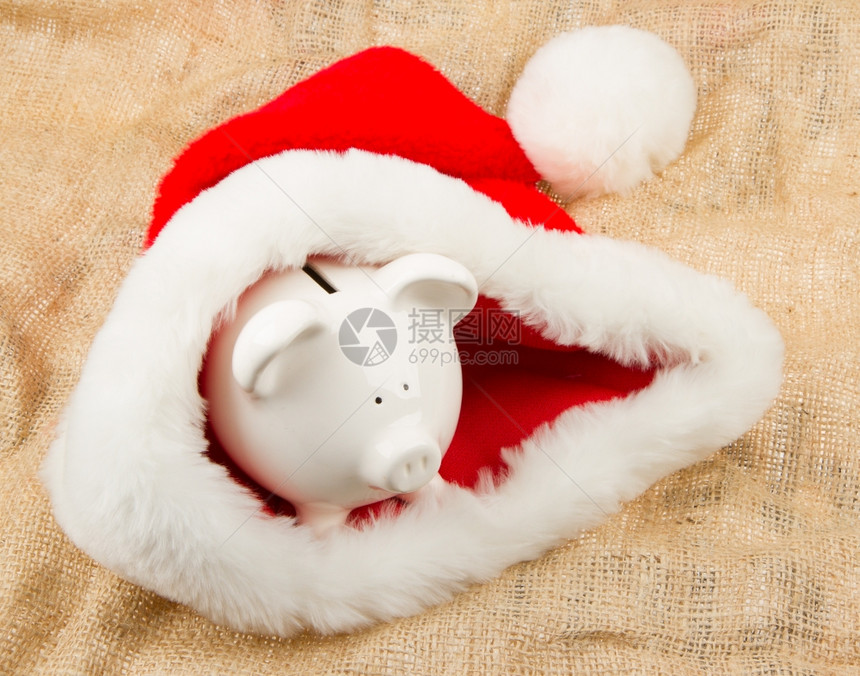 保护圣诞老人危机预算的猪银行帽子一美元图片
