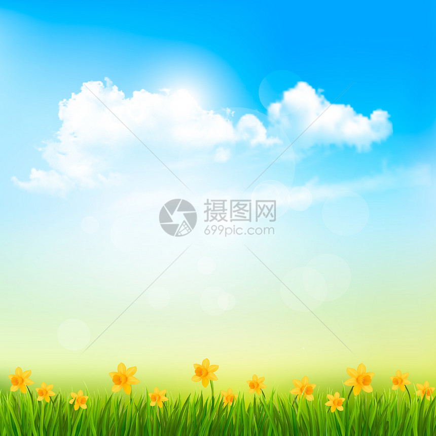 春色自然背景绿草蓝天空云彩矢量图片