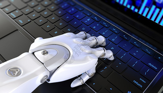 键盘上的机器人手型3D插图背景图片