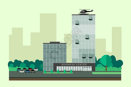 公司外观素材商业建筑平式玻璃塔矢量图插画