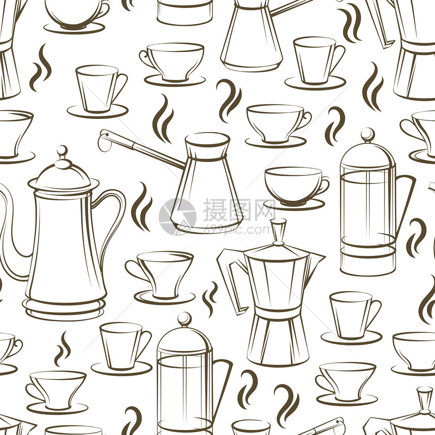 咖啡无缝模式设计配有咖啡壶和烟雾的矢量纹理图片