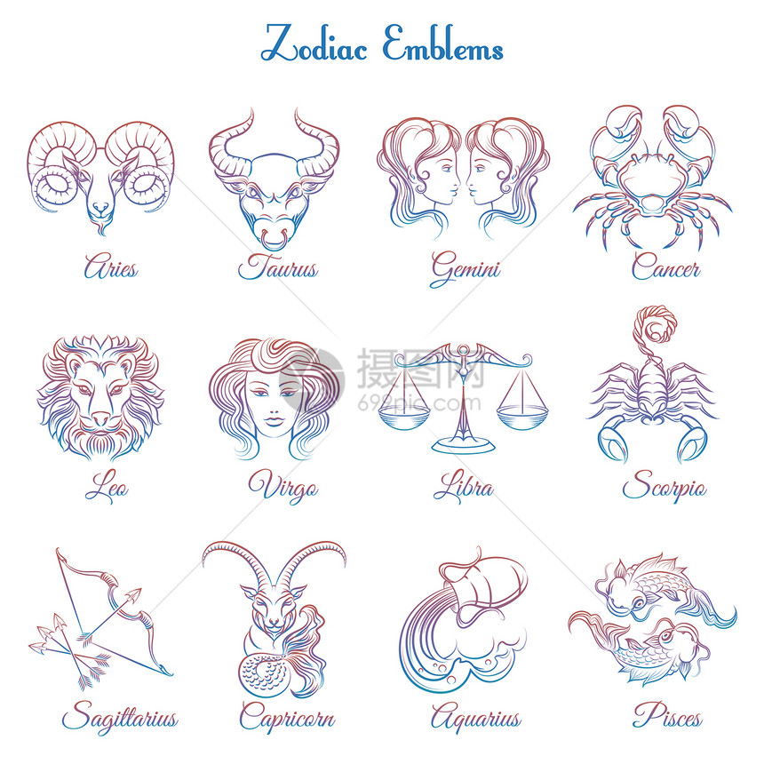 彩色Zodiac徽章收藏在白色背景中孤立矢量插图图片