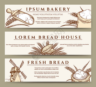 面包店传单手画鲜面包和条粉小麦和袋草图插背景