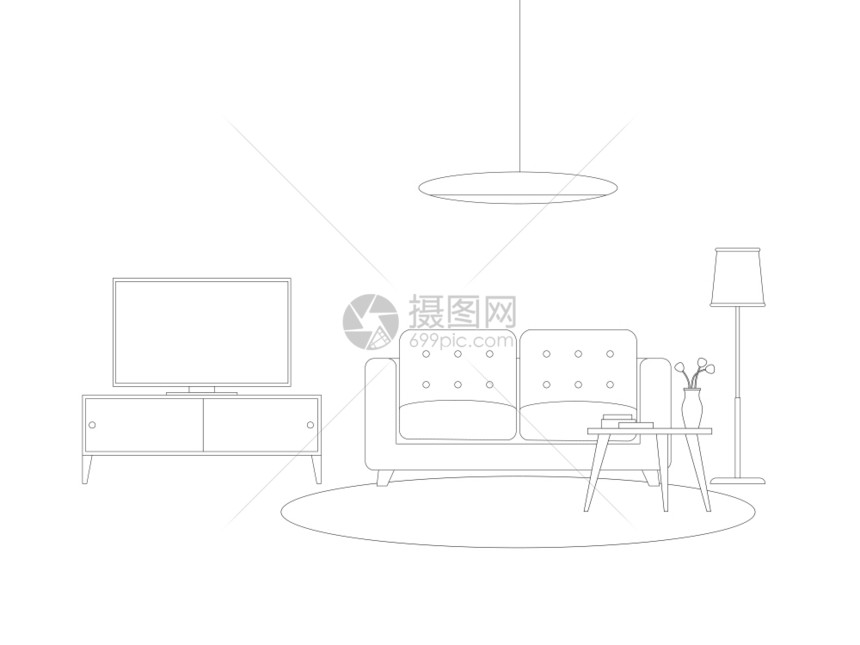 带家具的客厅内侧线带沙发电视和照明的矢量薄图示图片