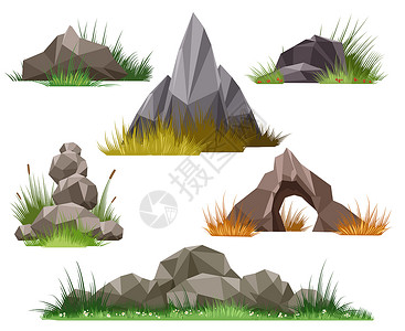 矢量风景岩石和头白色背景上孤立的岩石和头绿草矢量图中的石和块背景