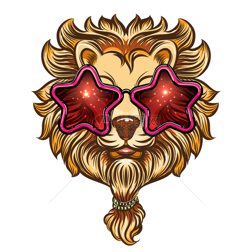 在太阳镜中留胡子的时髦狮在星中留胡的时髦狮在太阳镜中留胡子在T恤矢量图上打印图片