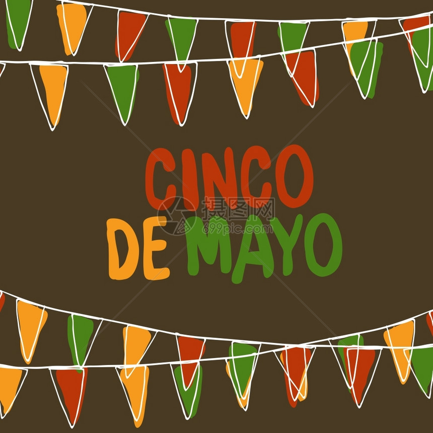 CincodeMayoPostcard假日PennantBunting手工绘制的矢量图图片