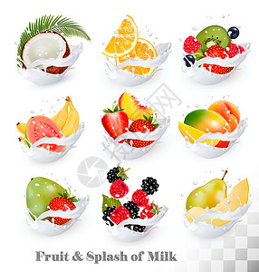 牛奶喷洒中的水果大收藏图标瓜瓦椰子芒果桃草莓樱蓝香蕉瓜子橙草莓图片