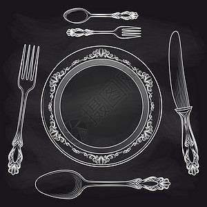 扁平矢量叉子厨房黑板海报配有餐具草图板叉刀和勺子矢量插图背景