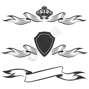 皇冠徽章标签吊带王冠和盾旗设置手画横幅带皇冠和盾的吊与白色背景隔离矢量插图背景