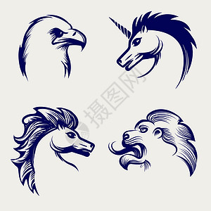 雕刻风格的动物头设计雕刻风格的动物设计马鹰狮子和独角兽的矢量头设计图片