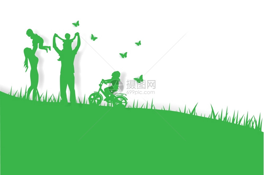绿色背景的幸福家庭在田野玩得开心纸面艺术Victor图片
