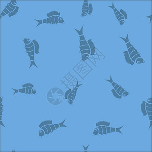 蓝色背景上孤立的新鲜鱼无缝模式新鱼模式图片