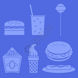 蓝色背景上孤立的快速食品图标图片