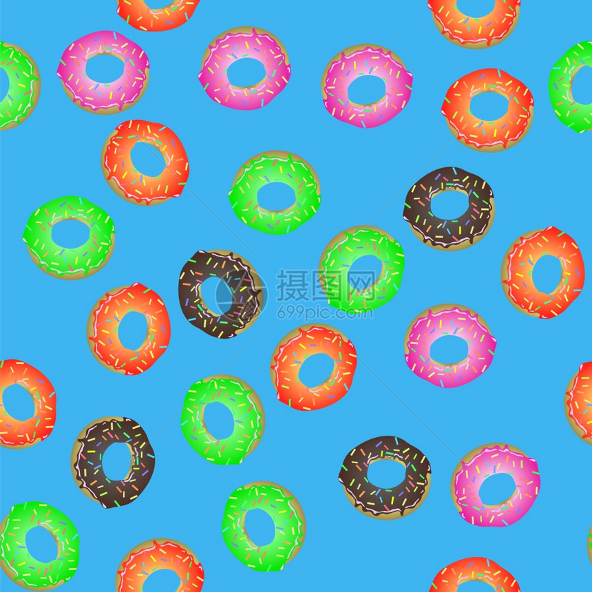 蓝色背景的鲜甜圈无缝模式DeliciosTastyGlazedDonnutCreamYummyCookie鲜甜圈无缝模式图片