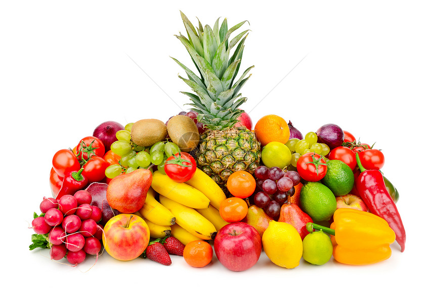 收集在白色上隔离的多汁水果和蔬菜健康的食物图片