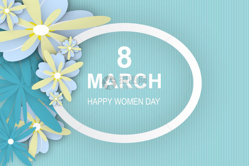 3月8日妇女快乐日蓝白纸剪切花罗丽贺卡方形框架文本空间图片
