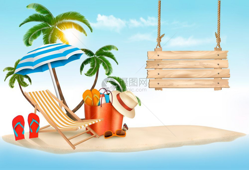 海滩上有棕榈树和沙滩椅矢量背景图片