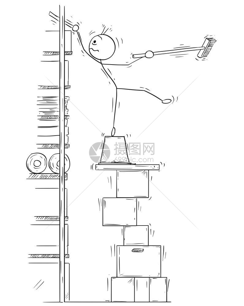 卡通矢量棍手画人在高堆纸箱的顶端平衡手拿着扫帚图片