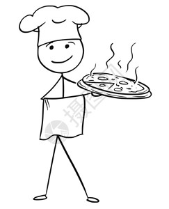 盘装披萨卡通矢量棍手画男厨师的顶着餐盘和披萨的厨师帽插画