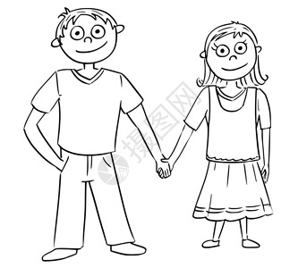 卡通可爱黑白线条男孩和女孩手牵手背景图片