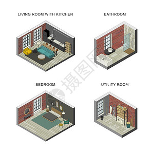 内设几何观察浴室客厅卧和公用矢量等度图解图片