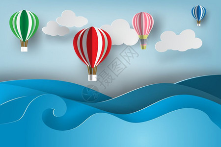 折纸风格大海上空的热气球图片