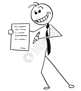卡通矢量说明商人或售货提供合同或协议文件供签字的低劣笑棍手图片