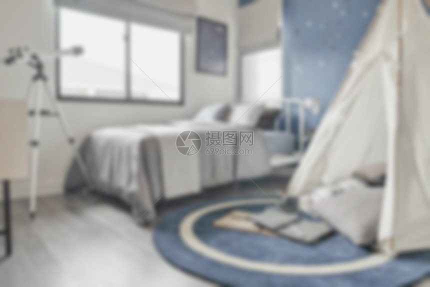 现代卧室内深蓝色的冒险风格装饰模糊图像图片