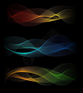 动态烟的素材暗光速声音波抽象矢量背景彩虹线频谱波在黑色上流烟雾插画