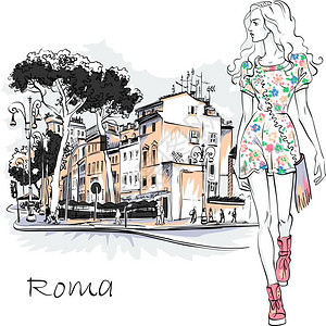 时尚外观意大利罗马时装女郎穿着典型的罗马街上和意大利罗马老城的石松树夏天服装漂亮时女郎可爱的漂亮时装女郎插画