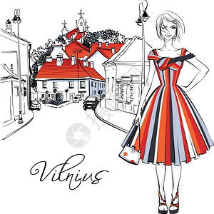 立陶宛维尔纽斯老城的时装女孩矢量彩色手绘画立陶宛维尔纽斯老城的典型街道上穿着暑期服装的漂亮时女孩插画