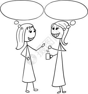 卡通棍棒男插画了两个女对生意人与空话泡气球交谈或聊天的例子斯蒂克曼高清图片素材