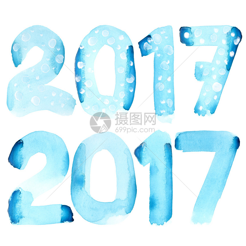 新年快乐2017蓝色水彩数字隔绝在白色背景上图片