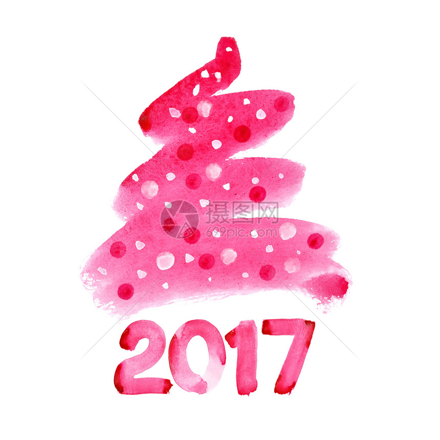 新年快乐2017红水彩色圣诞树隔绝在白色背景上图片