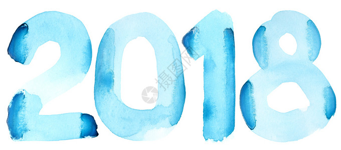 新年2018白色背景上孤立的蓝色水彩数图片