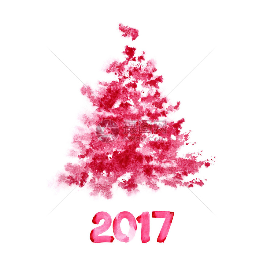 新年2017年红水彩色圣诞树在白背景上隔绝图片