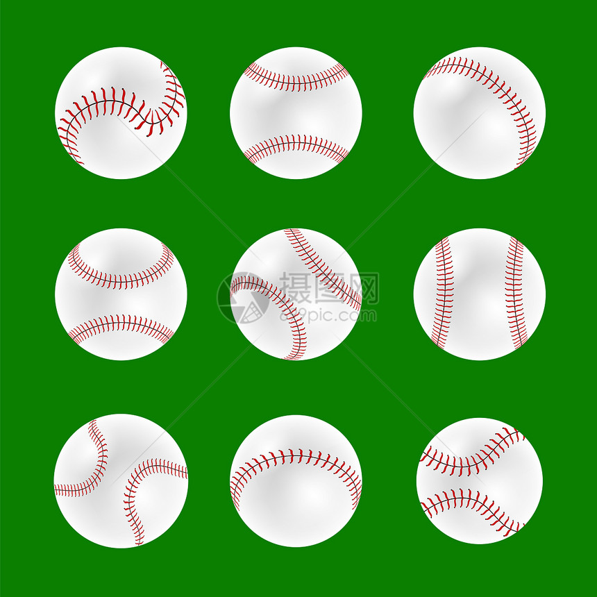 绿色背景孤立的一组棒球图片