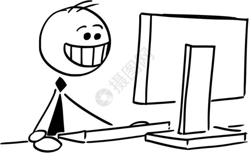 卡通棍棒男插图快乐的商人笑着在办公室台式电脑上工作图片