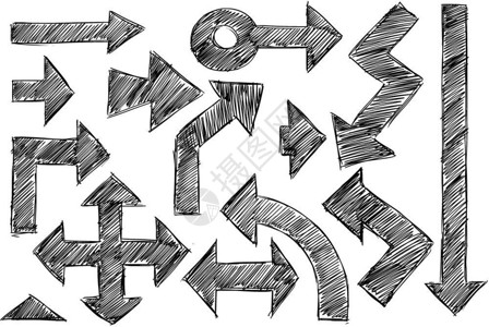 绘制方向一组不同的矢量涂鸦草图孵化的手画箭头插画