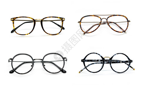 白色背景的现代时装眼镜组完美的反射玻璃高清图片
