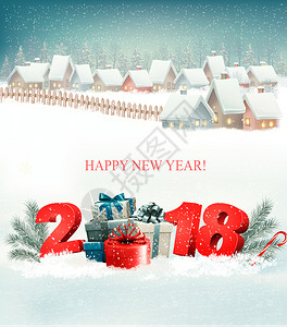 冬季圣诞节假期背景有雪地村庄风景和2018年图片