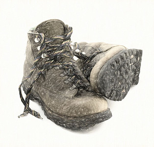 一双古老的白徒步靴子棕色的彩带子还有一些泥土的数字木炭画效果背景图片