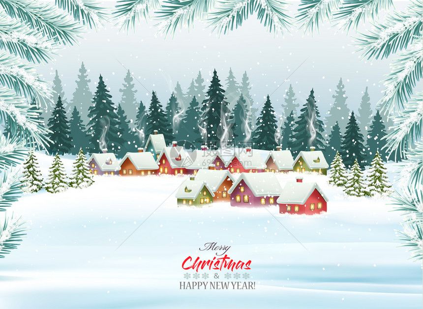 圣诞假期背景有村庄和树木矢量图图片