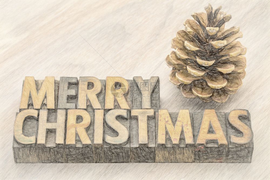 圣诞快乐贺卡使用松锥数字止痛过滤器的老式纸质木的文字摘要图片