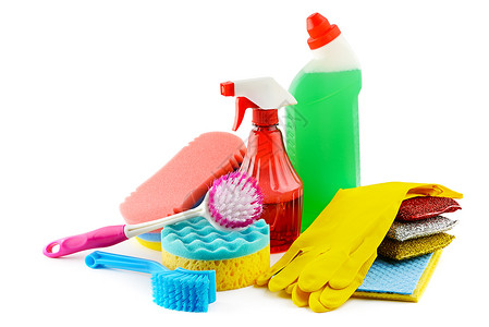 将清洁工隔离在白色背景上洗涤剂海绵刷子餐巾橡胶手套家庭高清图片素材