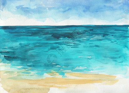 海洋地貌边滩美丽的水彩手绘图画图片